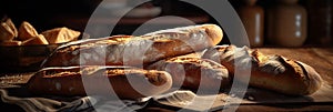 Rustic loaves of crusty French bread baguettes.