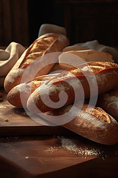 Rustic loaves of crusty French bread baguettes.