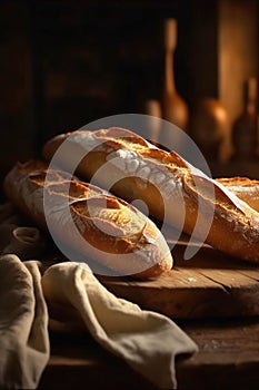 Rustic loaves of crusty French bread baguettes.