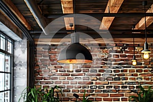 Rustic Loft-Style Interior Featuring Brick Wall, Wooden Ceiling, and Black Ceiling Lamp. Concept