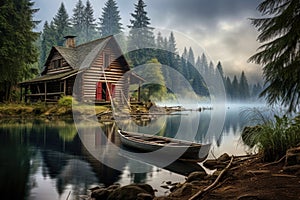 a rustic log cabin with a canoe propped against its side by a lake