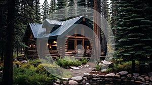 A rustic log cabin deep in the woods, nestled among tall pine trees.