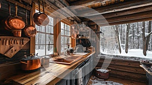 Rustic Log Cabin Kitchen with Copper Pots and Snowy View