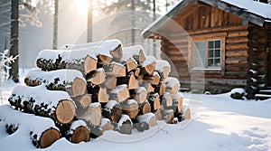 Rustic Log Cabin and a Stack of Snow covered Firewood in Winter Forest