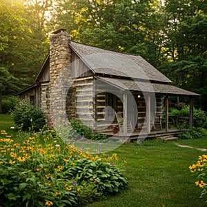 Rustic Log Cabin in a Summer Forest