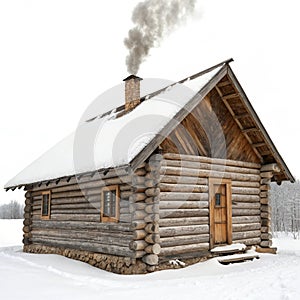 Rustic log cabin in winter photo