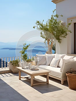 Rustic lounge sofa and coffee table on white stone terrace. Traditional Mediterranean architecture. Summer with sea view