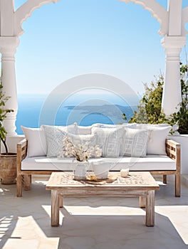 Rustic lounge sofa and coffee table on white stone terrace. Traditional Mediterranean architecture. Summer with sea view