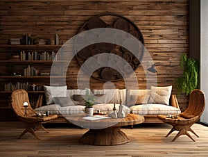 Rustic loveseat sofa and round wooden wall decor. Interior design of modern living room