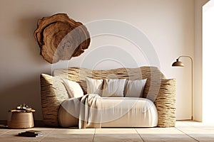 Rustic loveseat sofa and round wooden wall decor. Interior design of modern living room. Created with generative AI