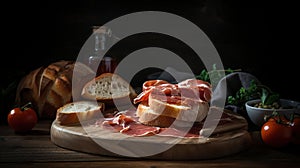Rustic Lunch Delights. JamÃÂ³n Serrano and Bread on a Wooden Picnic Table. Generative AI photo
