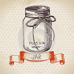 Rustic, mason and canning jar. Vintage hand drawn sketch design. Vector illustration photo