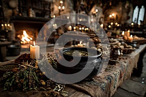 Rustic Medieval Feast in Candlelit Hall with Pottery and Fresh Herbs Generative AI
