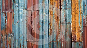 Rustic metal wall with peeling paint and rust showing through