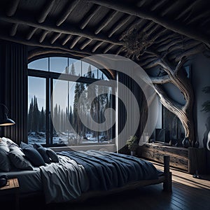 Rustic Modern Interior Design Of Bedroom, Large Panoramic Window With View, Decorative Wood Art Elements, Generative AI