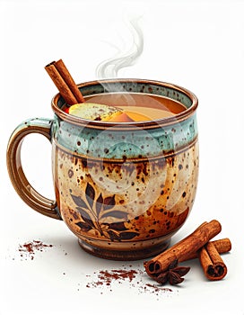 Rustic Mug Filled with Steaming Apple Cider with Cinnamon Sticks and Apple Slice Against White Background