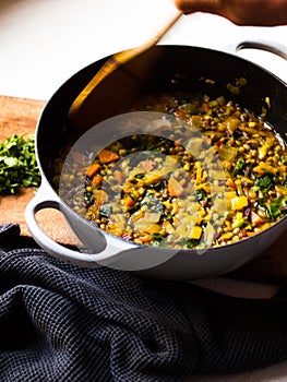 Rustic mung bean dahl curry in natural light