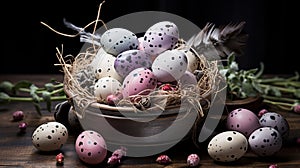 Rustic nest filled with colorful speckled easter eggs adorned with various patterns.