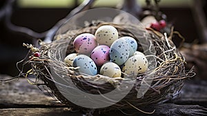 Rustic nest filled with colorful speckled easter eggs adorned with various patterns.