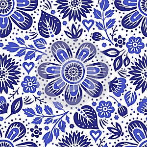 Rustic Norge Danish Folk Art Blue Vector Background Seamless Pattern