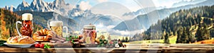 Rustic Oktoberfest banner featuring an authentic Bavarian feast with pretzels, sausages, and schnitzels on a wooden table,