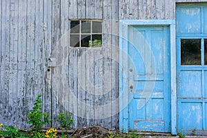 Rustic old gray barn with blue painted doors