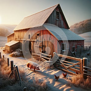 Rustic Old Red Barn farming Corral Pigs Chickens AI Generated