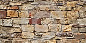 Rustic old stone wall background with uneven, time-worn bricks and natural earthy tones.