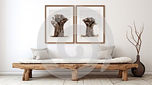 Rustic old wood log bench near white wall with art poster frame. Boho interior design of modern living room in farmhouse