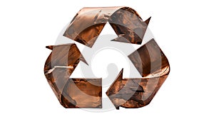 Rustic old worn recycled copper as recycle symbol sign on white background