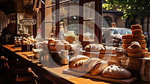 Rustic outdoor bakery and coffee shop with hot pastries and tables for patrons.