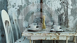 Rustic outdoor cafe table setting, weathered wall backdrop