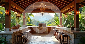 Rustic Outdoor Kitchen with Panoramic Mountain View