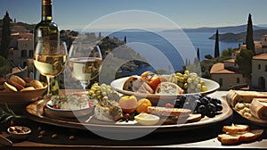 A rustic outdoor picnic set against a Mediterranean sea backdrop, featuring fresh produce, bread, and wine.