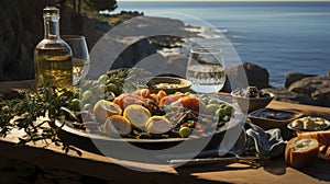 A rustic outdoor picnic set against a Mediterranean sea backdrop, featuring fresh produce, bread, and wine.