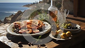 A rustic outdoor picnic set against a Mediterranean sea backdrop, featuring fresh produce, bread, and wine.