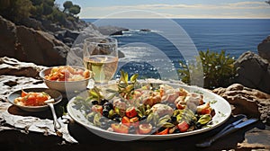 A rustic outdoor picnic set against a Mediterranean sea backdrop, featuring fresh produce, bread, and wine.