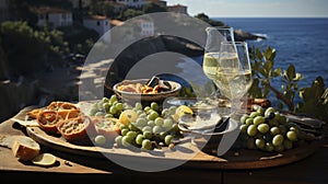 A rustic outdoor picnic set against a Mediterranean sea backdrop, featuring fresh produce, bread, and wine.