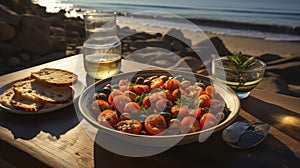 A rustic outdoor picnic set against a Mediterranean sea backdrop, featuring fresh produce, bread, and wine.