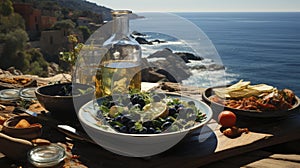 A rustic outdoor picnic set against a Mediterranean sea backdrop, featuring fresh produce, bread, and wine.