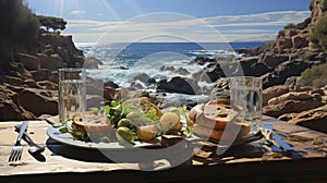 A rustic outdoor picnic set against a Mediterranean sea backdrop, featuring fresh produce, bread, and wine.