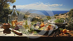 A rustic outdoor picnic set against a Mediterranean sea backdrop, featuring fresh produce, bread, and wine.