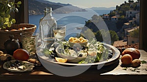 A rustic outdoor picnic set against a Mediterranean sea backdrop, featuring fresh produce, bread, and wine.