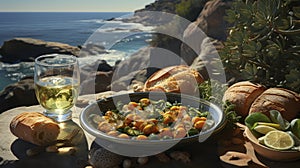 A rustic outdoor picnic set against a Mediterranean sea backdrop, featuring fresh produce, bread, and wine.
