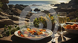 A rustic outdoor picnic set against a Mediterranean sea backdrop, featuring fresh produce, bread, and wine.