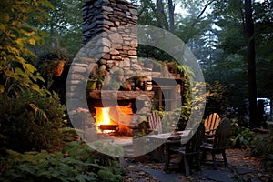 rustic outdoor stone fireplace with fire pit