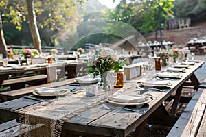 A rustic outdoor wedding reception with a long table set with white plates