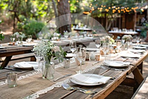 A rustic outdoor wedding reception with a long table set with white plates