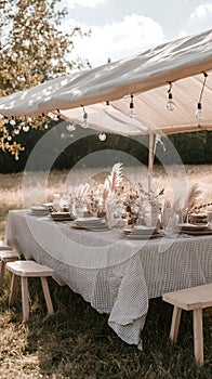Rustic Outdoor Wedding Table Setting Elegant Decor Pampas Grass Boho Chic Summer Party Warm Event