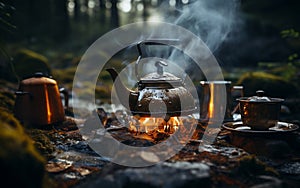 Rustic Percolator on Campfire. Generative AI